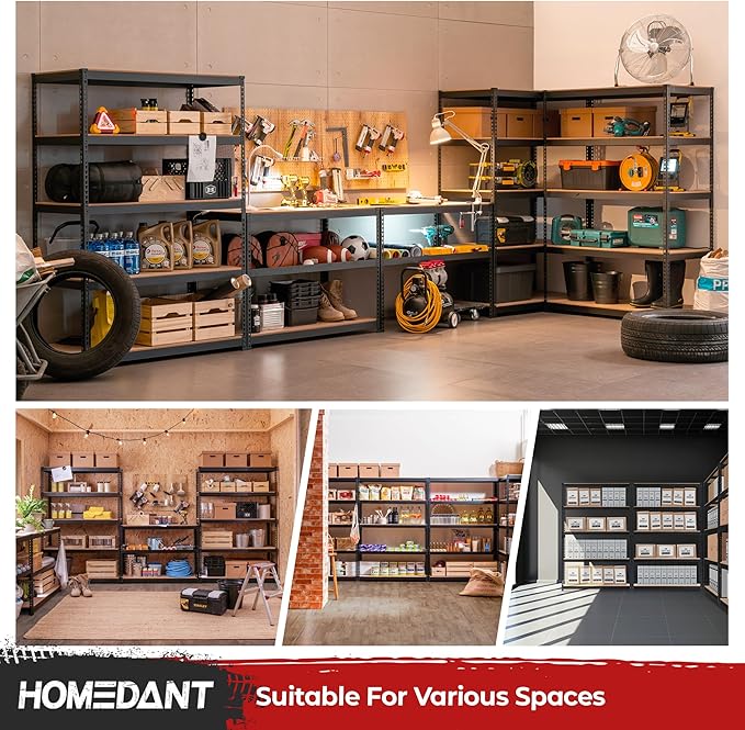 HOMEDANT 5 Tier Storage Shelves Adjustable Laminated Boltless Garage Metal Shelving Unit Heavy Duty Utility Rack Shelf Warehouse Pantry Closet Kitchen (3, (L) 48.1" W, Black)