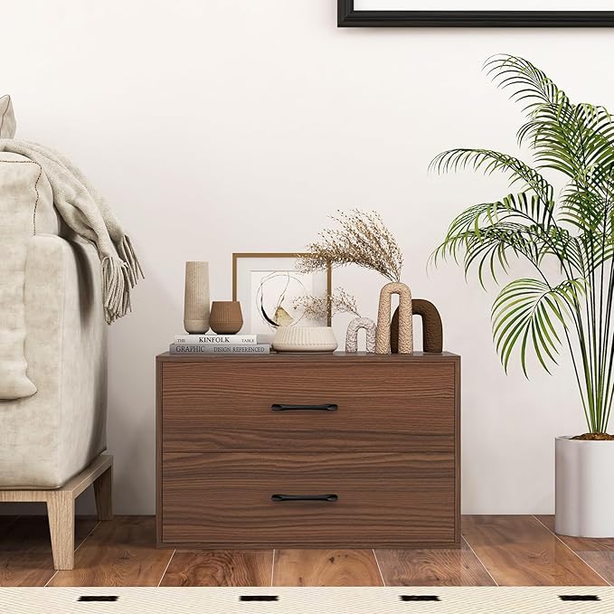 GOFLAME Stackable 2-Drawer Dresser Set of 2, Wood Horizontal Storage Organizer with Metal Handle & Smooth Sliders, Lateral File Cabinet with Anti-tilt Kit for Bedroom Office, Walnut