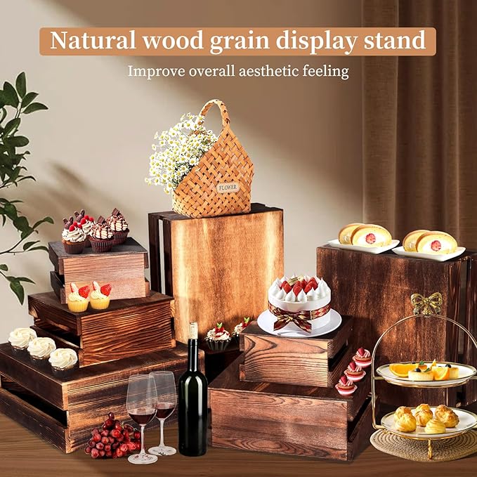 4 Pcs Buffet Risers with Mini Signs, Rustic Wood Cake Stands, Food Risers for Buffet Table, Dessert Display Stand, Wood Crates, Rustic Cake Stand for Party, Wedding, Birthday, Baby Shower, 4 Sizes