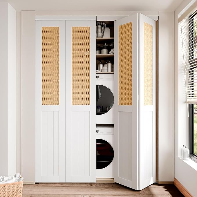 BARNER HOME Cane Bi-fold Doors - for 48in.（24in.x2） x 80in. Opening, Webbing & Wood Interior Door Slab, Including Hardware, MDF, White Folding Door for Wardrobe