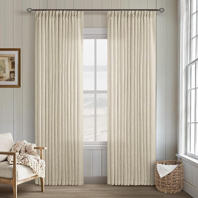Beige Linen Curtains 96 Inches Long Pinch Pleated 2 Panels for Living Room Bedroom Memory Trained Semi Sheer Neutral Flax Pinch Pleat Drapes with Hooks Rings Light Filtering Window Curtain 40x96