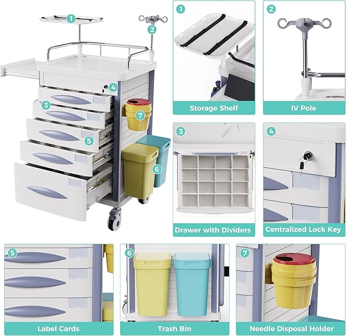 Rolling Emergency Medical Storage Crash Cart with Drawers -CPR Board, IV Pole, Silent Casters, Trash Bin, O2 Holder, Drawer with Dividers, File Box, Nursing Cart for Clinic, Hospital, Salon