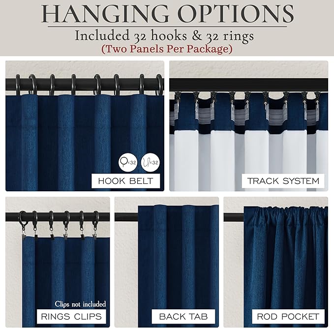 Navy Blue Blackout Curtains 108 Inch Length for Boys Rooms/Bedroom, Floor to Ceiling Track Pleated Drapes with Hooks Linen Thermal Coastal Curtain Dark Blue Window Burg 50"Wx108"Lx2Panels Back Tab