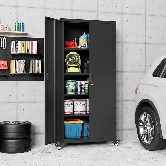 73" H×31.57" W×15.71" D Garage Storage Cabinet with Wheels, Metal Storage Cabinet with 4 Adjustable Shelves and Lockable Doors for Garage Home Office Utility Room,Required Assembly,Black