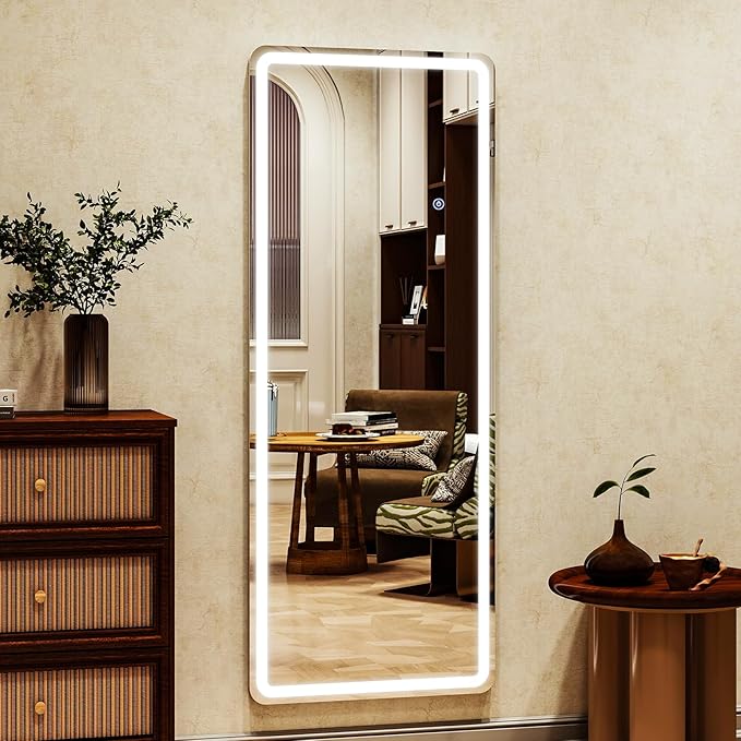 LED Rectangular Corner White Full Length Mirror - 21“ x 64” Brightness Adjustable, Touch Screen Control, Wall Mounted or Freestanding, for Bedroom Living Room Cloakroom Dressing Mirror