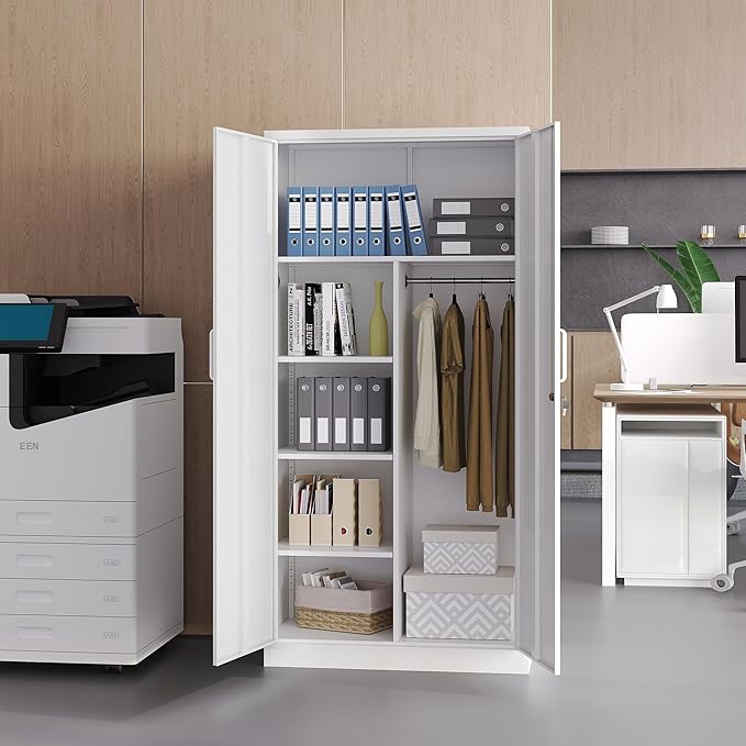 Broom Closet with Lock, Metal Storage Cabinet 36" Wide, 5-Tier Steel Utility Cabinet with Hanging Rod & Doors for Garage, Laundry Room, Warehouse Storage