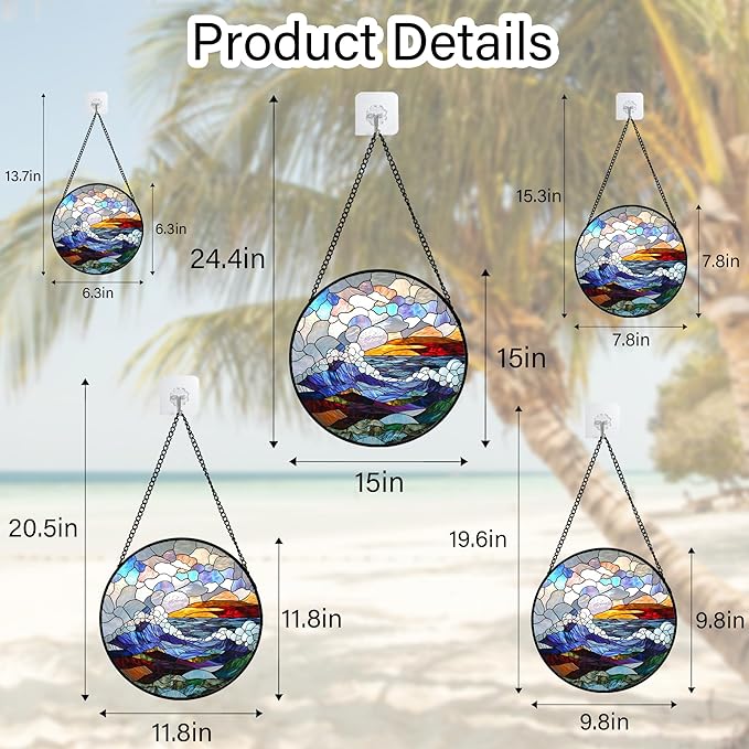 Stained Glass Window Hanging, Abstract Colorful Ocean Waves Landscape Suncatcher for Doors Window Home Sun Catchers Decor Mother's Day Birthday Gifts for Women, Men Mom 15 in