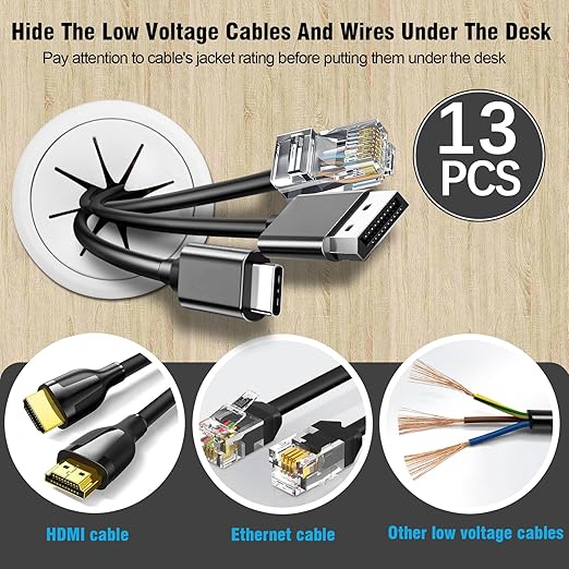 2" White Desk Grommet, JTemgle Flexible Cable Grommet with Bi-Metal Hole Saw Plastic Cable Hole Cover Wire Organizer Caps Desktop Cord Management for Home Office TV Stands Tabletops, 13 Pieces