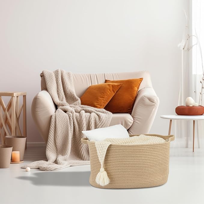 Large Rectangle Blankets Basket Living Room 22"x17"x12" Woven Jute Rope Storage Baskets for Nursery Toy Baskets for Kids and Dogs Wicker Laundry Basket Bin for Clothes Towels
