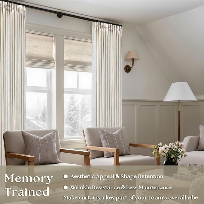 Natural Pinch Pleated Linen Curtains 84 Inch Length 2 Panels for Living Room Bedroom Textured Cream Ivory Birch Semi Sheer Boho Neutral Back Tab Pinch Pleat Hooks Rings Window Curtain 84 Inches Long