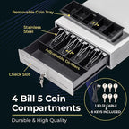 Volcora 13" Cash Register Drawer for Point of Sale System with 4 Bill 5 Coin Cash Tray, White & Stainless Steel Front Cash Drawers, Removable Coin Compartment, 24V, RJ11/RJ12 Key-Lock, Media Slot