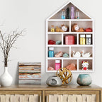 House Shaped Wooden Shadow Cubby Box 10 W x 2 1/4 D x 15 H Hanging Display Shelf Organizer Wall Mounted Curio Cabinet Wooden Display Case Miniature Shelf for Figures(Wood Color)