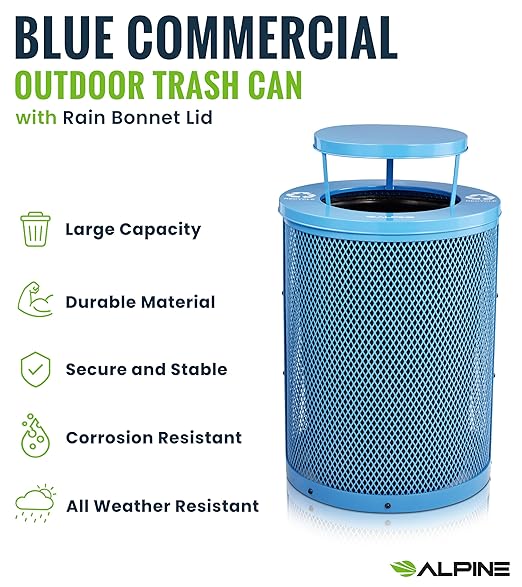 Alpine Outdoor Trash Can 36 Gallon Diamond Steel Commercial Metal Waste Bin with Leak Proof Liner, Heavy Duty Steel Mesh Design, Rain Bonnet Lid & Flat Lid for Parks, Streets, and Public Spaces-Blue