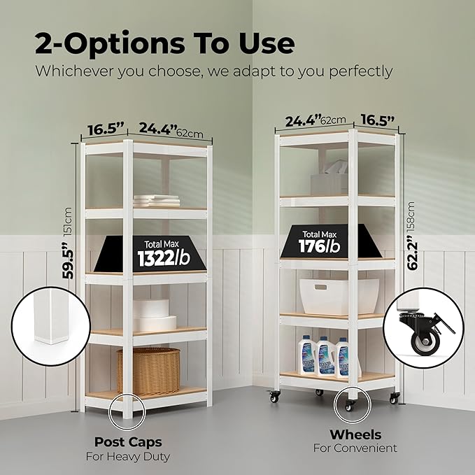 HOMEDANT House 5-Tier Metal Rolling Cart Shelf Rack Casters Heavy Duty Laminated Wheel Shelving Unit Adjustable Utility Storage Shelves Organizer Shelf Kitchen Garage (4, (S) 24.4" W, White)