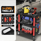 Auto Dynasty 3-Level Rolling Cart Trolley Storage Detailing Cart with Pegboard 120 kg/260 Lbs Capacity on Wheels Fits Garage, Warehouse, and Workshop Use, Black/Red