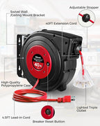 Retractable Extension Cord Reel, 40 FT Heavy Duty Power Cord, 12AWG/3C SJTOW, 3 Grounded Outlets Lighted Triple Tap, 15 Amp Circuit Breaker, UL Listed, Red R40CR06