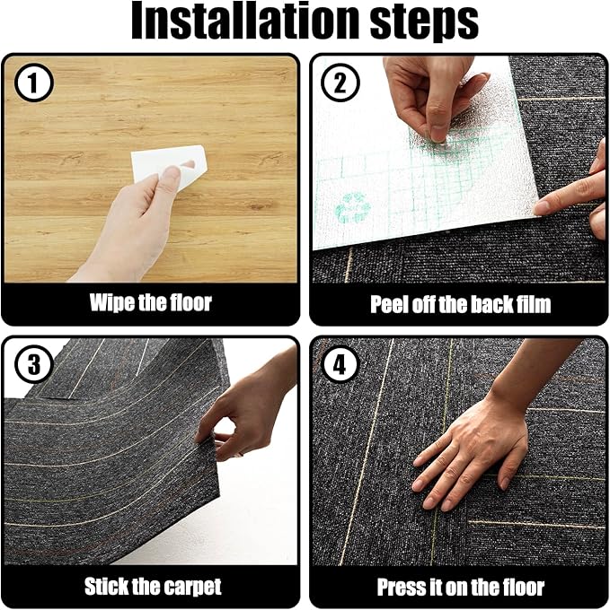 24 * 24in Self-Adhesive Carpet Tiles, Peel and Stick Floor Squares for Home Office, Removable Decorative Rug Mat, Easy Install, Sound Absorbing (10Pcs Dark Grey)