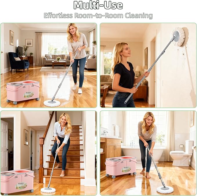 2025 Upgraded Gen 2 Spin Mop and Bucket Set with 4 Swivel Wheels for Easy Rolling, Separates Clean & Dirty Water, Floor Mop with 6 Washable Mop Heads for Wood, Tile, Vinyl, Baseboards - Pink