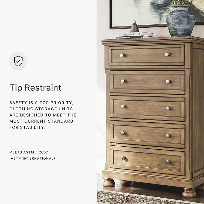 Signature Design by Ashley Glarrison Farmhouse 5-Drawer Chest with Felt-Lined Top Drawer and Easy Glide for Bedroom, Light Brown