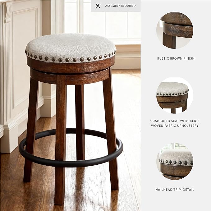 Signature Design by Ashley Valebeck Upholstered Swivel Stool, Cushioned Seat, Woven Fabric Upholstery, Wood, 24" H, Brown & Black