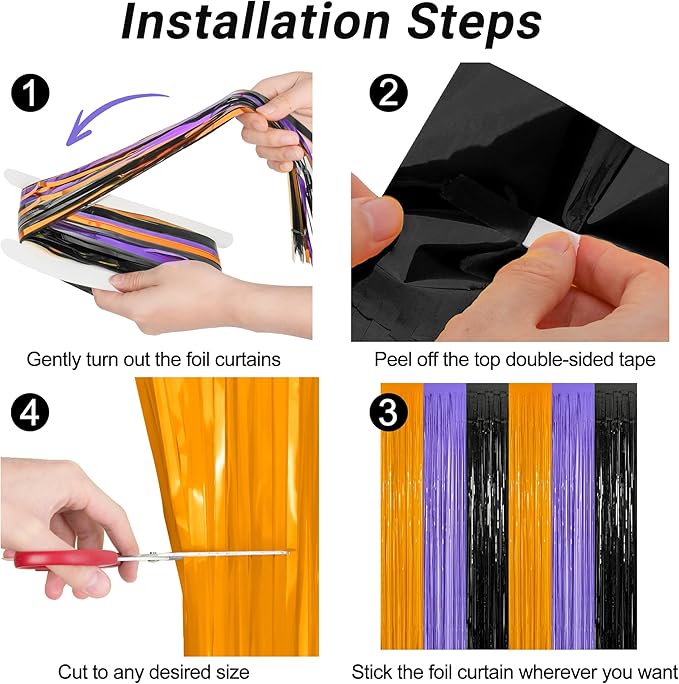 4 Pack Halloween Decorations, 3.28 FT x 7.05 FT Orange Purple Black Party Streamer, Funny Photo Backdrop Foil Curtains Fringe Tinsel, Halloween Door Decor Party Supplies Indoor