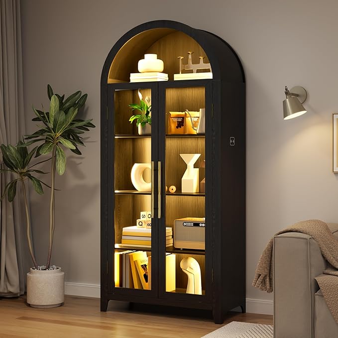 Vlsrka 71" Arched Display Cabinet with Glass Doors, Curio Cabinet with LED Light & Human Sensor, 5-Tier Display Cases for Collectibles, Storage Cabinet with Ajustable Shelf for Living Room(Black)