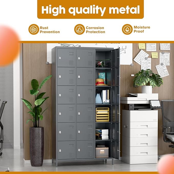 Aobabo 18 Doors Metal Locker for Employees,Metal Storage Locker Cabinet with Lock and Leg, for Office Garage School Home Industrial, Assembly Required, Dark Grey