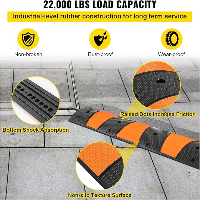 VEVOR Rubber Speed Bump (2 Pack) - 6 FT Heavy Duty 22,000 lbs Capacity for Road & Driveway, 72.8" x 12.2" x 2.2" Modular Traffic Hump, 2 Channel Floor Cord Cover for Asphalt, Concrete, Gravel