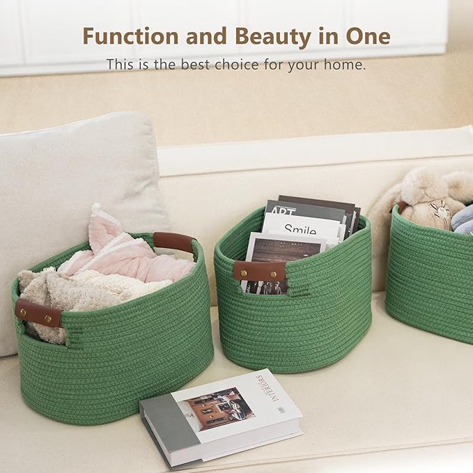 Cotton Rope Basket, Storage Baskets with Handle, 15x10x9 Inch Woven Basket for Shelves, Laundry, Towels, Clothes, Books (Green 1Pack)