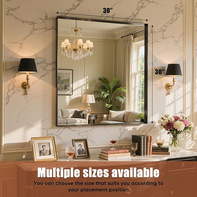 30"x30" Black Framed Bathroom Mirror, Large Rectangular Vanity Mirror, Aluminum Metal Frame, Wall Farmhouse Modern Wall-Mounted Mirrors for Bathroom, Bedroom, Living Room, Over Sink