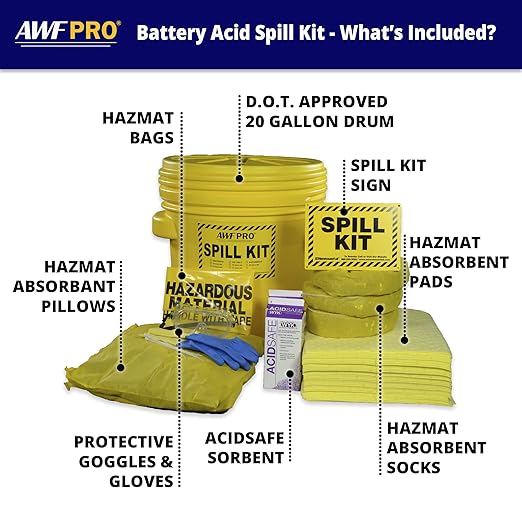 AWF PRO 20 Gallon Battery Acid Spill Kit, 59 Pieces – 20 gal DOT Approved Drum, Socks, Pads & Pillows, & Accessories