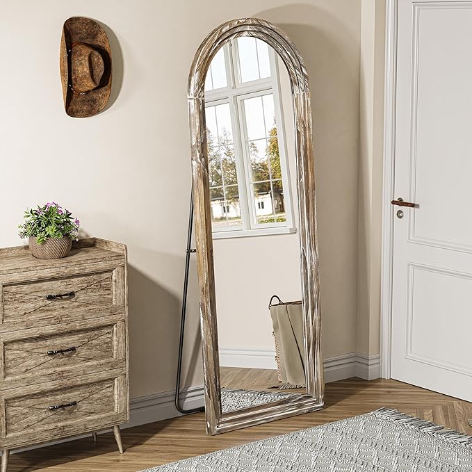 Arched Full Length Floor Mirror 63"x21", Triple-Layer Solid Wood Frame, Rustic White Farmhouse Full Body Mirror with Stand for Bedroom, Living Room, Entryway & Hallway Home Decor