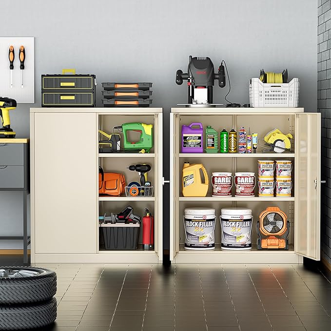 INTERGREAT Metal Garage Storage Cabinet, 36" Lockable Storage Cabinet with 2 Doors and 2 Adjustable Shelves, Steel Cream Grey File Cabinet Great for Home Office, Garage, Warehouse, Study Room