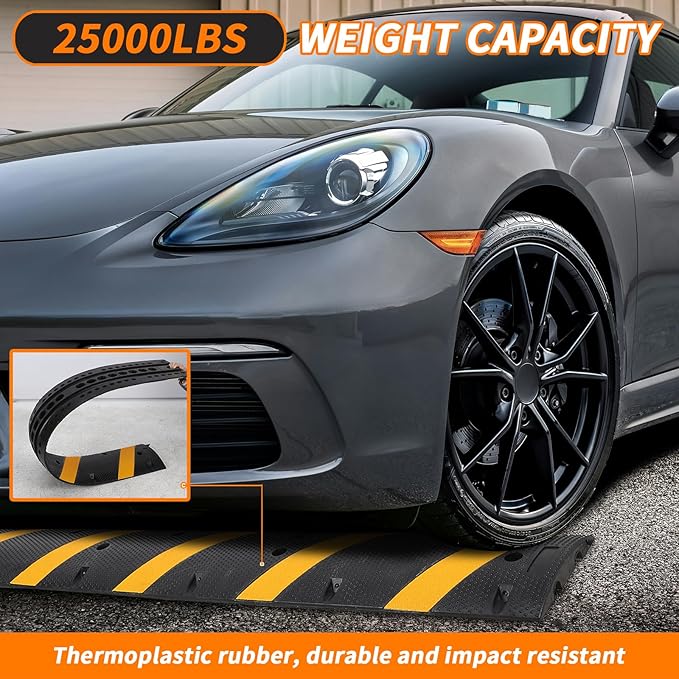 84" Heavy Duty Rubber Speed Bumps for Driveway & Parking - 2 Channel Cable Protector Ramps with End Caps & 6 Bolt Spikes for Asphalt & Gravel Roads