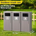 Outdoor Three Barrel Trash Can,Waterproof Resin Garbage Can with Garbage Labels,Durable Waste Bin for Porch, Backyard,Kitchen,for 30 to 39 Gallon Trash Bags