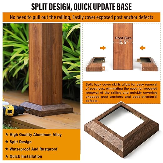 2 Pcs 6"x6" (Actual: 5.5"x5.5") Aluminum Post Base Cover for Railings, Stairs, Patios, Porches - Split Deck Post Skirt (Walnut Wood)