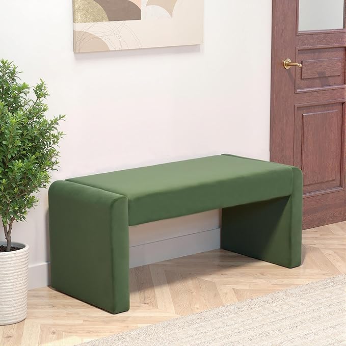 Velvet Entryway Bench End of Bed Bench Upholstered Modern Window Bench Comfy Ottoman for Dining Room/Bedroom/Living Room/Hallway/Indoor (Olive Green)