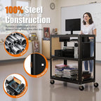 Extra-Large 3-Tier Utility Cart with Built-in Power Strip – Heavy-Duty 14-Gauge Steel Rolling Cart for Office, Workshop, or Classroom – 300 Lb Capacity (34" x 18" x 41.75")