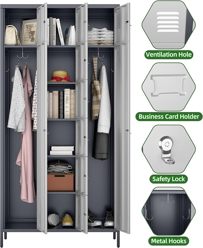 Aobabo Metal Lockable Storage Locker 8 Small Doors and 2 Big Doors, Metal Lockers for empolyees with Hooks, for School Home Office, Assembly Required, 10Doors, Grey White