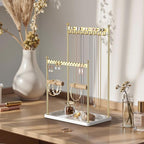 Jewelry Tower Necklace Holder Organizer – 3-Tier Jewelry Display Rack with Storage Tray – Holds 22 Pairs of Earrings, Bracelets, Rings, Necklaces – Gift for Girls & Women, Gold