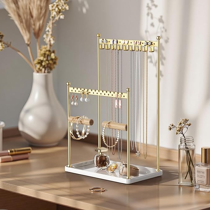 Jewelry Tower Necklace Holder Organizer – 3-Tier Jewelry Display Rack with Storage Tray – Holds 22 Pairs of Earrings, Bracelets, Rings, Necklaces – Gift for Girls & Women, Gold