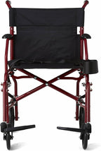 Medline Ultra Lightweight Transport Wheelchair for Adults, Foldable, 19-Inch Seat Width, Red Frame, Black Upholstery