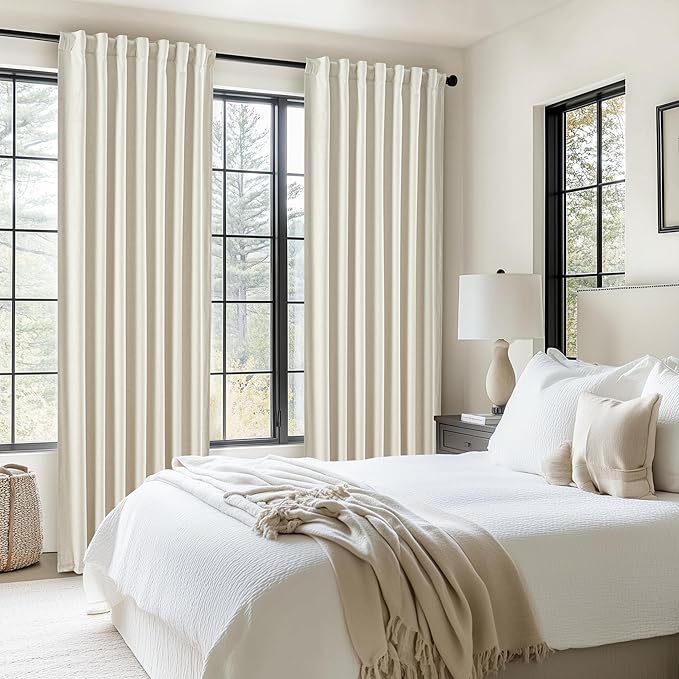 Floor to Ceiling Full Blackout Cream Linen 108 Inch Curtains 2 Panels Set for Sliding Glass Door, Luxury Pleated Thermal Window Drapes with Back Tab for Bedroom Thick Curtain 9 FT Room Darkening Burg