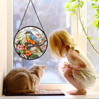 Stained Glass Window Hanging, Blue Bird Pink Flower Suncatcher Diamond Glass Panel Bird Sun Catchers Decor for Birthday for Women, Men, Wife, Aunt, and Mom 9.8 in
