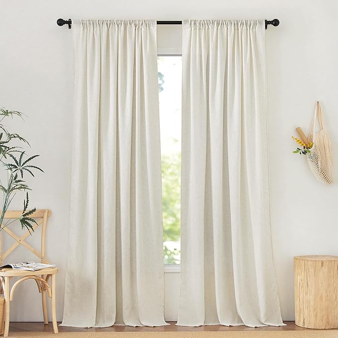 NICETOWN Thick Linen Living Room Curtains 2 Panels Set, Back Tab/Rod Pocket with Pleat Tape Privacy Added with Light Filtering Window Treatments for Bedroom, Natural, W52 x L90
