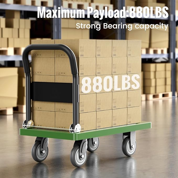 Upgraded Foldable Push Cart Dolly | 880 lbs. Capacity Moving Platform Hand Truck | Heavy Duty Space Saving Collapsible | Swivel Push Handle Flat Bed Wagon - Green