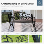 MFSTUDIO 50 Inches Outdoor Garden Bench, Cast Iron Metal Frame Patio Park Bench with Floral Pattern Backrest, Arch Legs for Porch Lawn Garden Yard(Black)