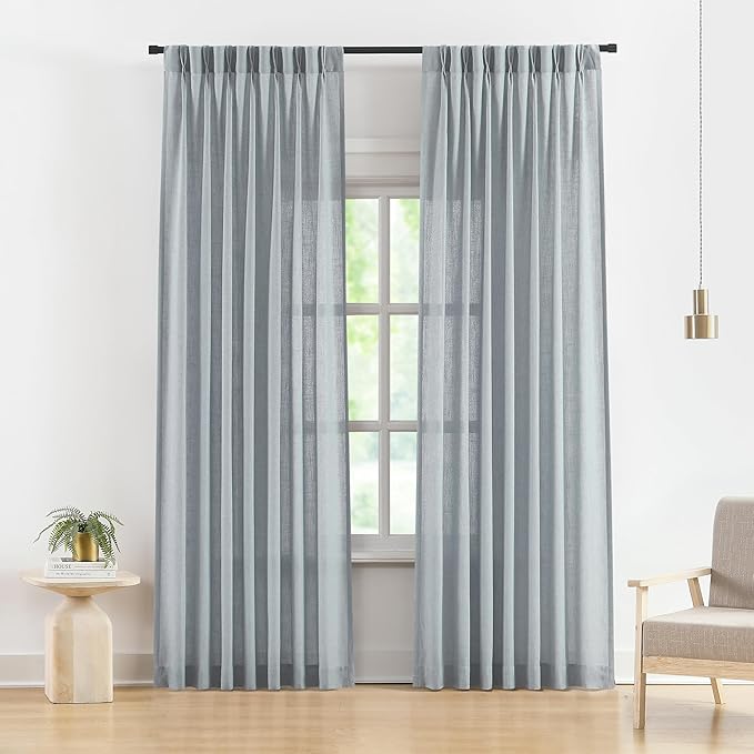 Vision Home Pinch Pleated Semi Sheer Curtains Textured Linen Blended Light Filtering Window Curtains 95 inch for Living Room Bedroom Pinch Pleat Drapes with Hooks 2 Panels 40" Wx95 L,Blue Fog