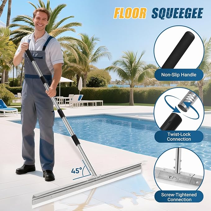 CAROD 33.4" Heavy Duty Floor Squeegee for Concrete, Industrial Silicone Blade Squeegee for Floor with 63" Stainless Handle, Anti-Splash Curved Baffle Design for Warehouse, Factory, Outdoor Use