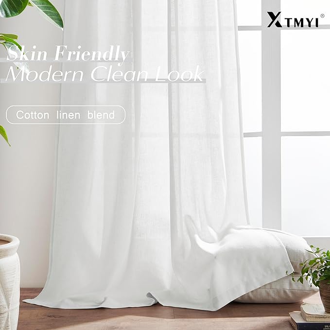 XTMYI Back Tab/Hook Belt Linen Cotton Sheer Curtains for Bedroom White 2 Panels,70 Inch Wide,102 Inch Length